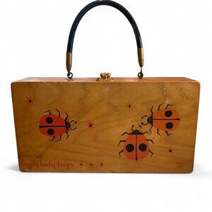 Enid Collins Lucky Ladybugs Wooden Box Bag Purse 1960s Vintage with Mirror